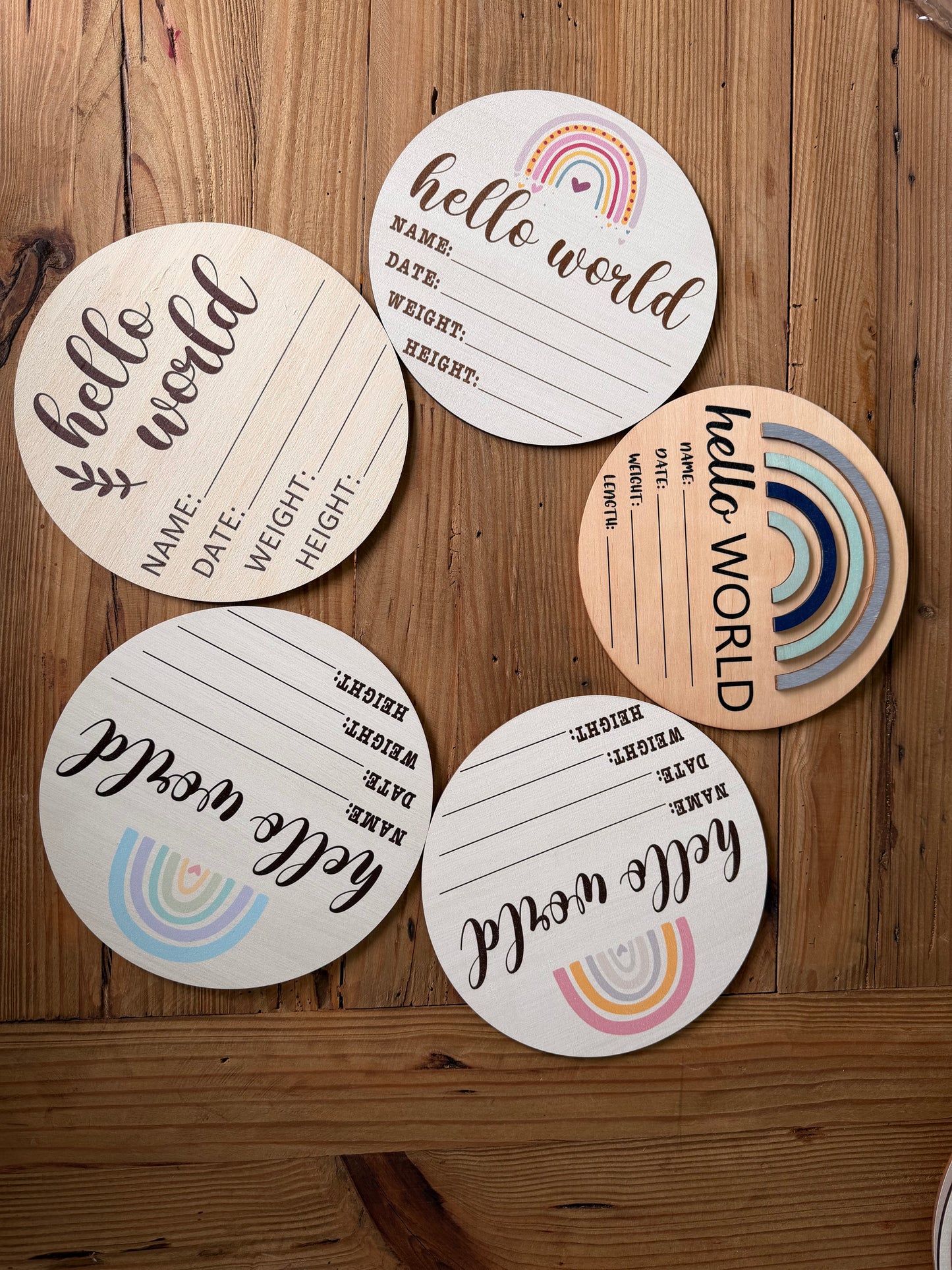 3D Blue Rainbow Large Round Wooden Birth Announcement Plaque