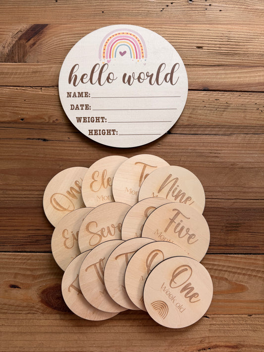 Dotty Rainbow Large Round Wooden Birth Announcement Plaque