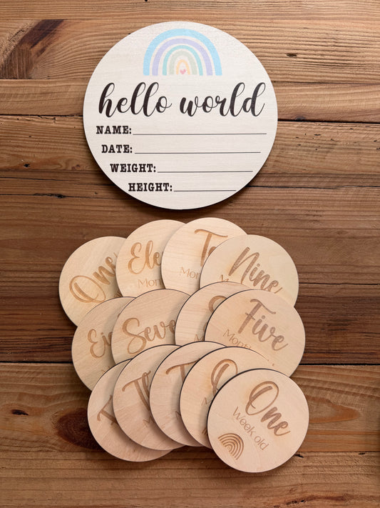 Blue Rainbow Large Round Wooden Birth Announcement Plaque