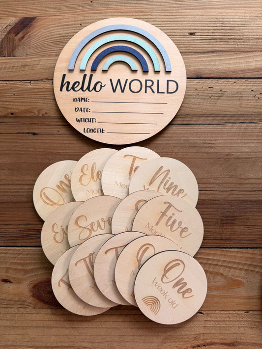 3D Blue Rainbow Large Round Wooden Birth Announcement Plaque