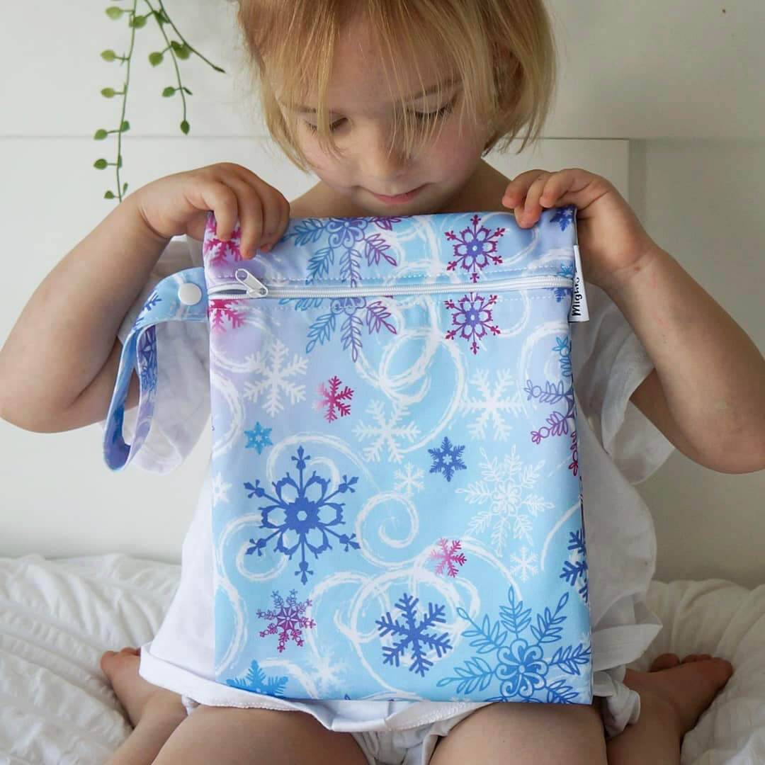 Frozen Snowflakes Medium Wet Bag with a double layer of PUL