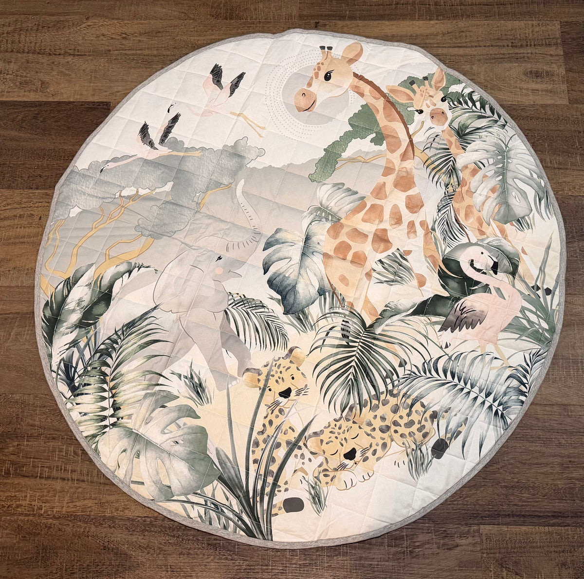 Safari Water Resistant Cotton Round Play Mat 100cm with tummy time pillow