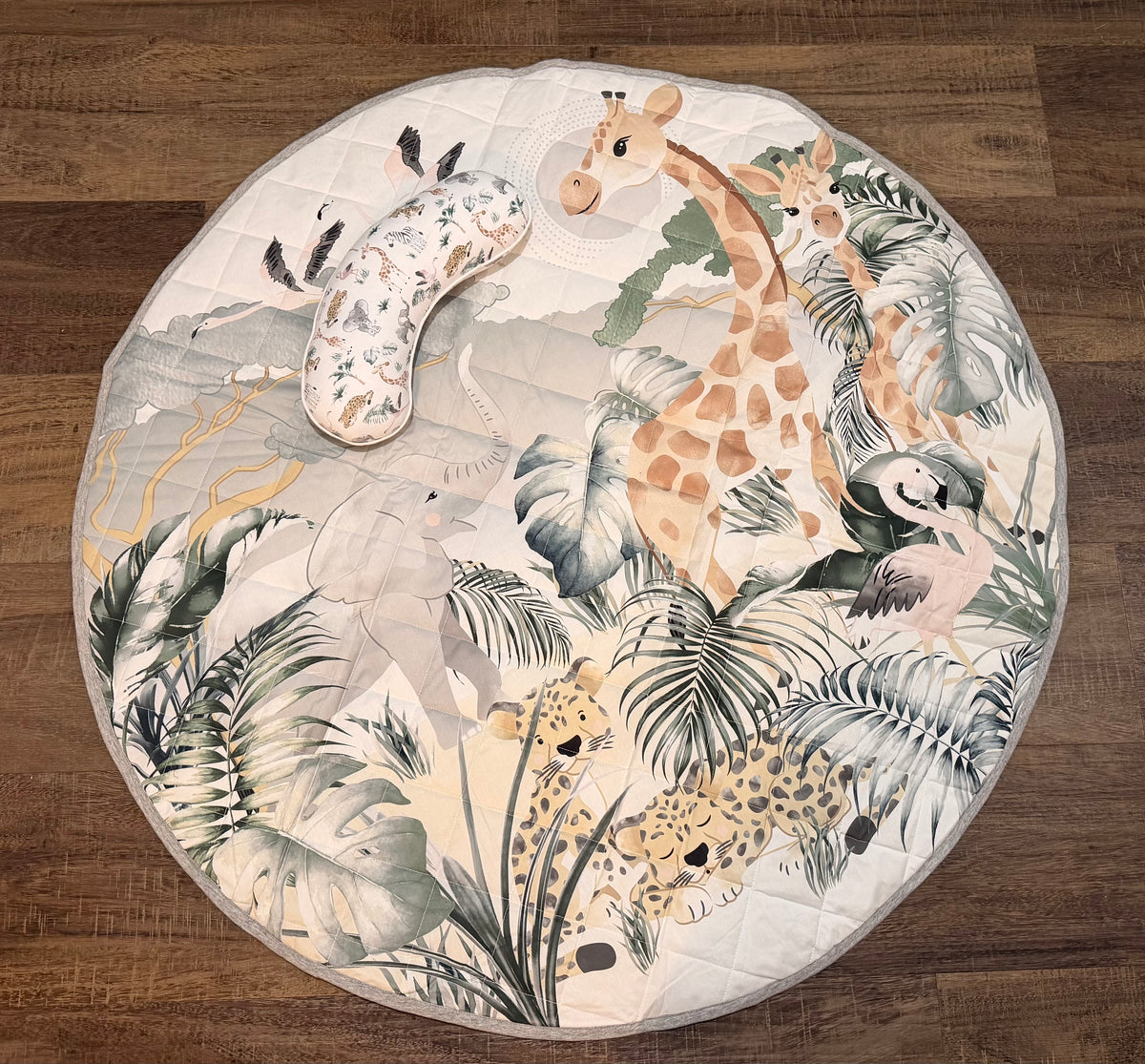 Safari Water Resistant Cotton Round Play Mat 100cm with tummy time pillow