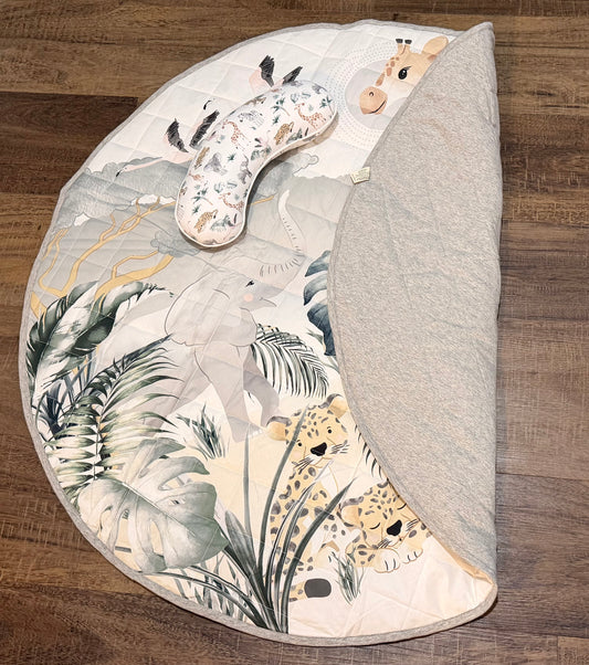 Safari Water Resistant Cotton Round Play Mat 100cm with tummy time pillow