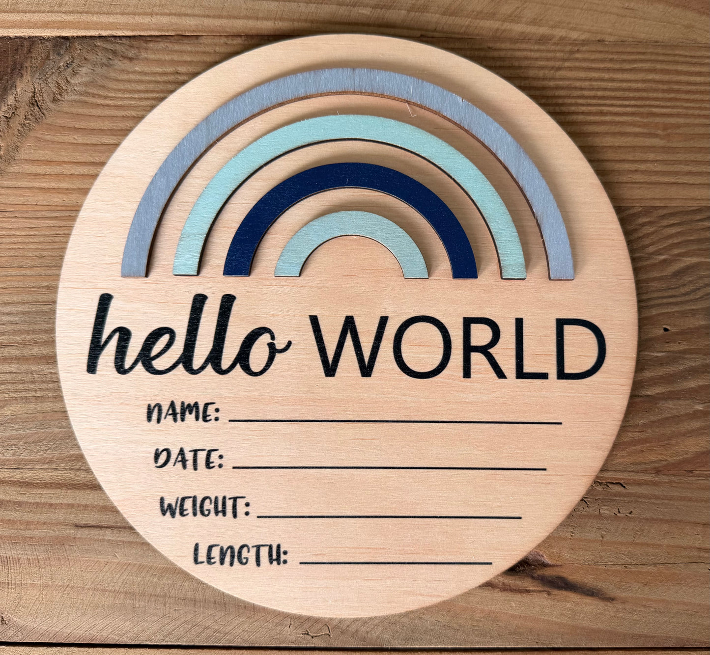 3D Blue Rainbow Large Round Wooden Birth Announcement Plaque