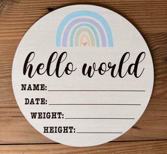 Blue Rainbow Large Round Wooden Birth Announcement Plaque