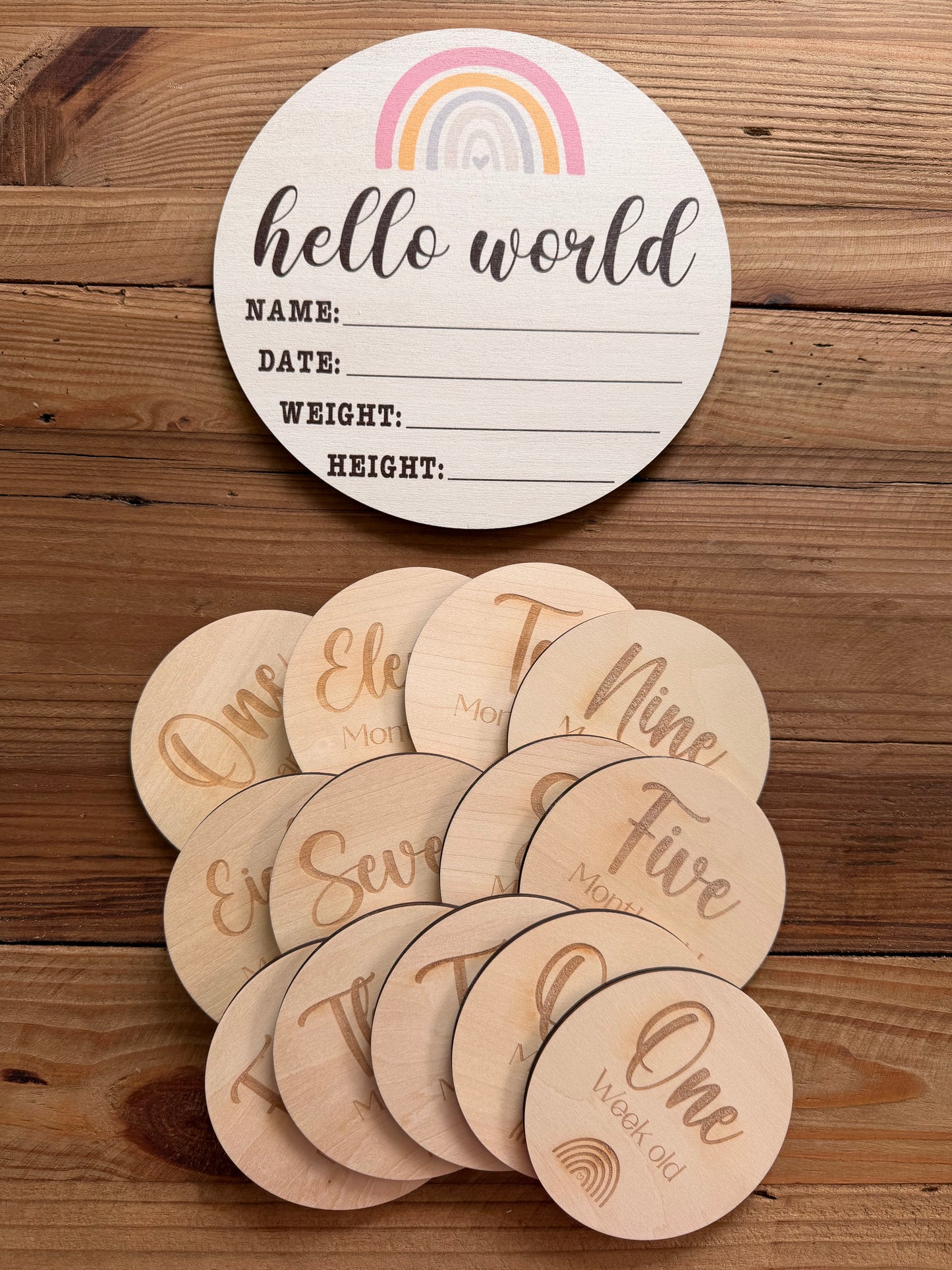 Pastel Rainbow Large Round Wooden Birth Announcement Plaque