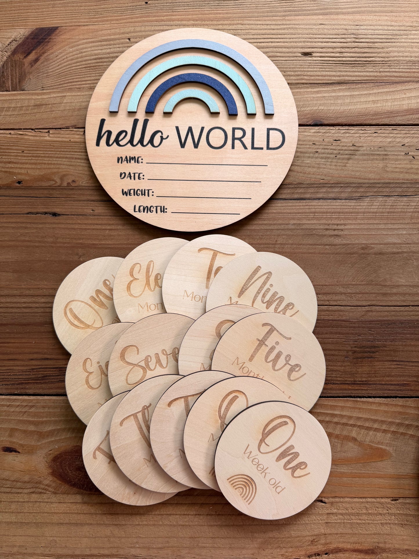 3D Blue Rainbow Large Round Wooden Birth Announcement Plaque